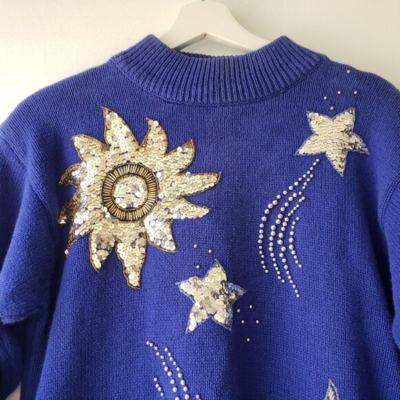Vintage Whimsigoth Cobalt Blue Constellation Star Celestial Knit Sweater - Picture 4 of 9